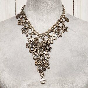 Chunky Cluster Silver Necklace Charms Statement Boho Bib Flower Festival Cottage
